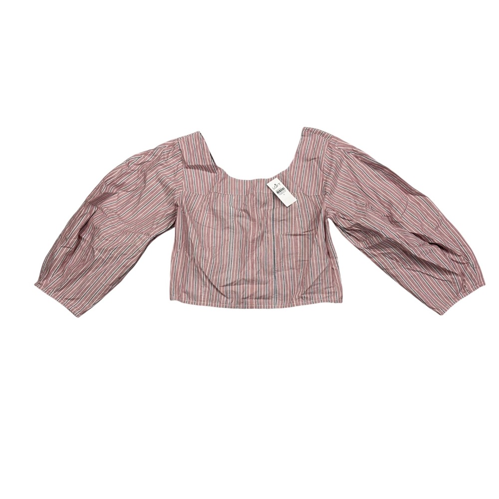 Loft Red Striped Puff Sleeve Square Neck Smocked Back Crop Top Size 4 NWT